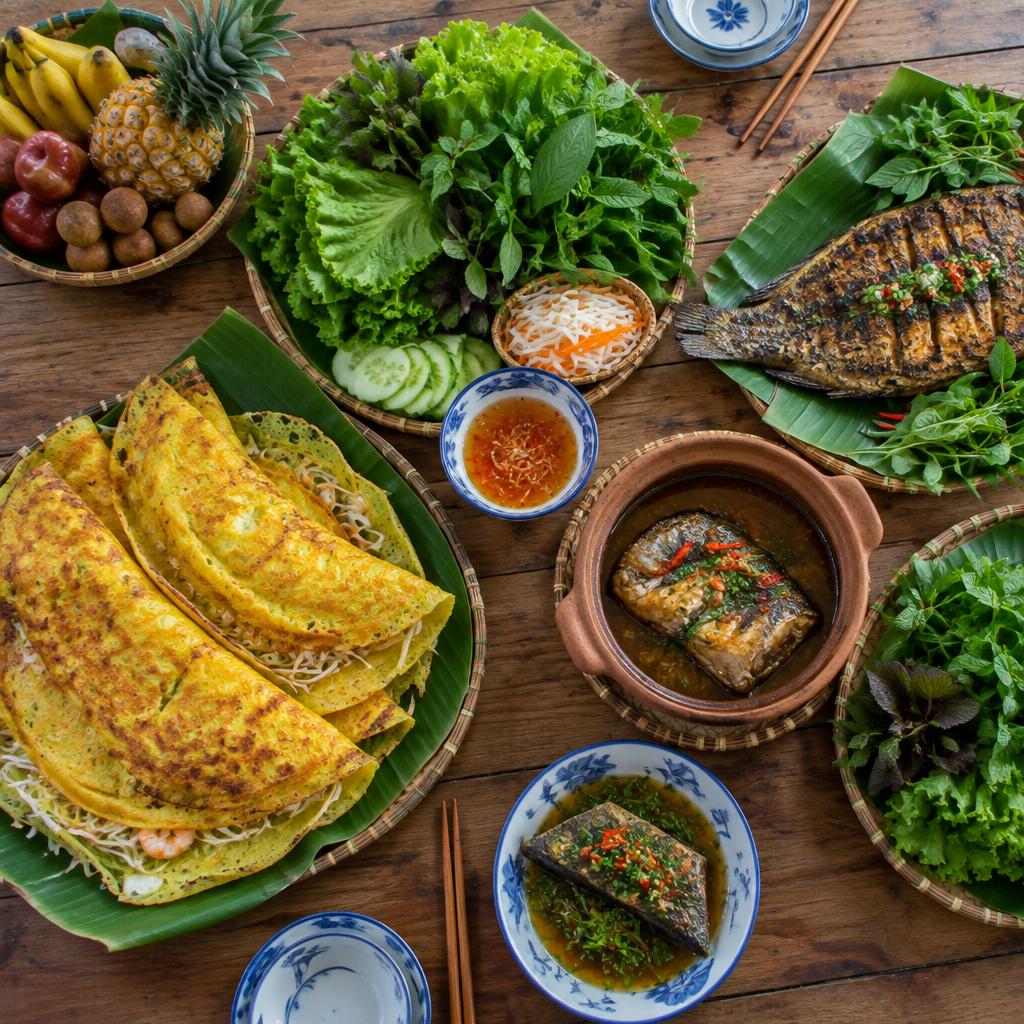 Mâm cơm quê với bánh xèo, cá chiên, rau vườn (ảnh minh hoạ)