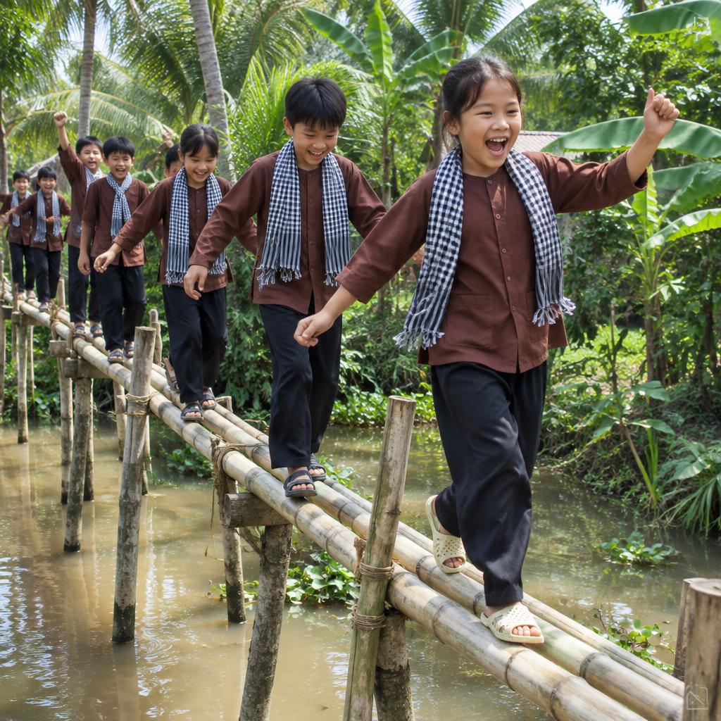 Học sinh vượt cầu khỉ bằng tre qua kênh (ảnh minh hoạ)