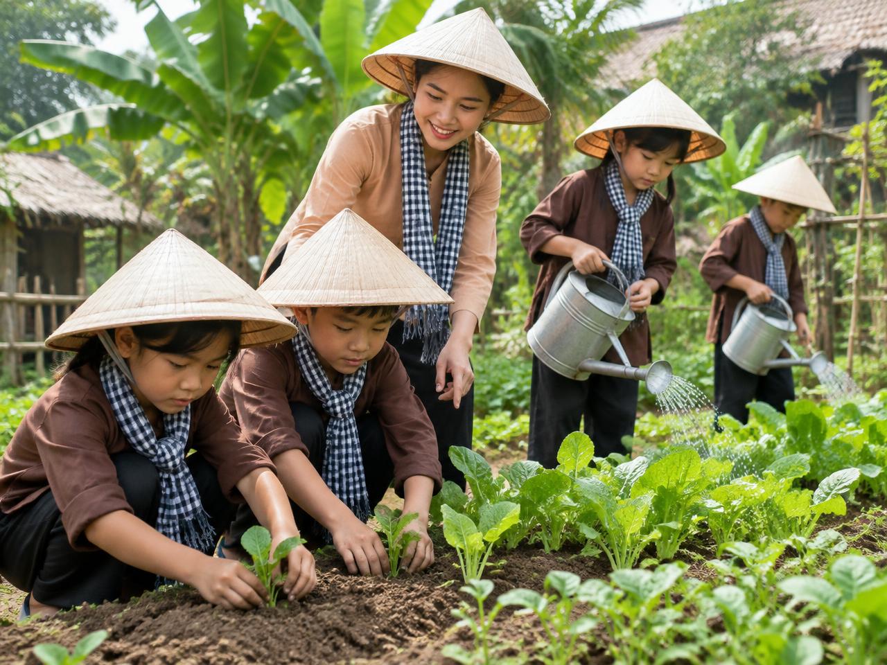 Học sinh đội nón lá trồng và tưới cây trong vườn quê (ảnh minh hoạ)